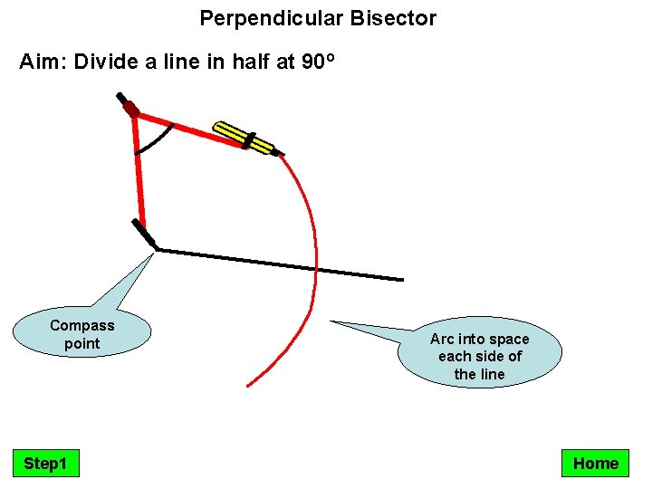 Perpendicular Bisector Aim: Divide a line in half at 90º Compass point Step 1