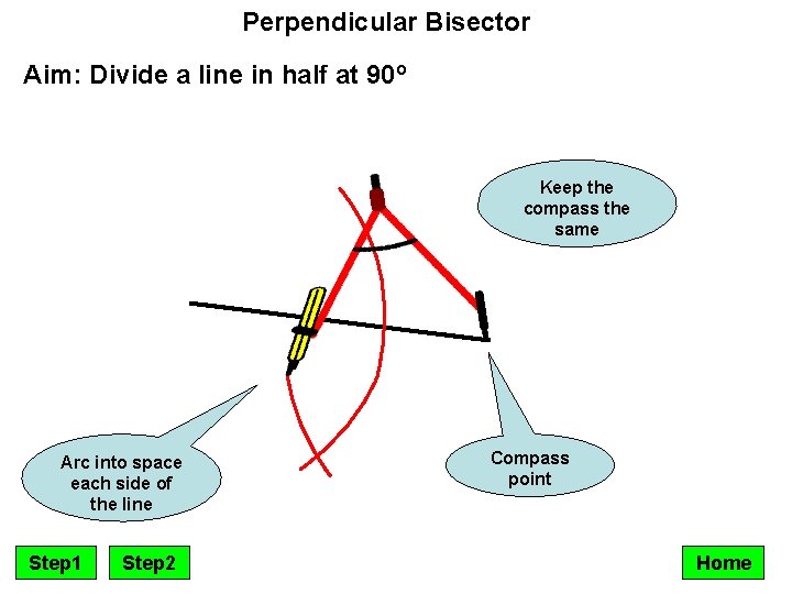 Perpendicular Bisector Aim: Divide a line in half at 90º Keep the compass the