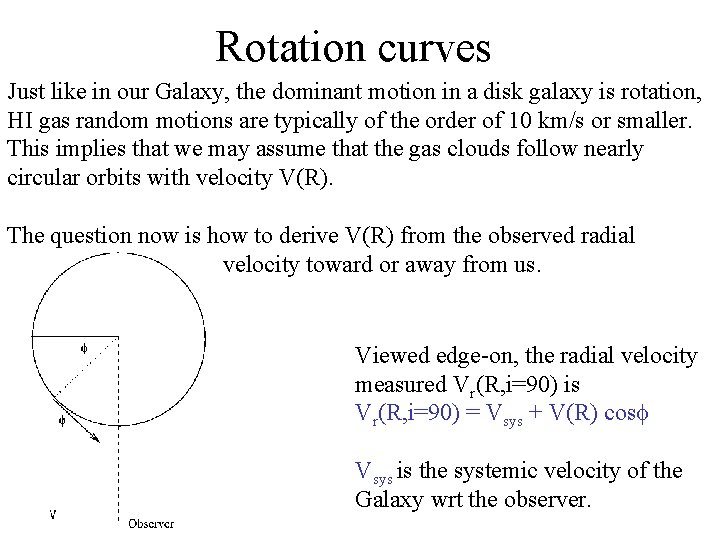 Rotation curves Just like in our Galaxy, the dominant motion in a disk galaxy