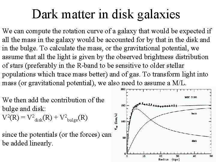 Dark matter in disk galaxies We can compute the rotation curve of a galaxy