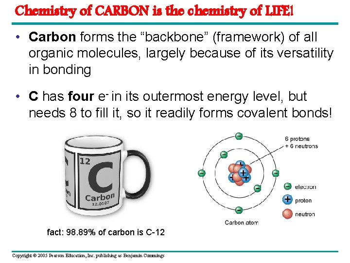 Chemistry of CARBON is the chemistry of LIFE! • Carbon forms the “backbone” (framework)