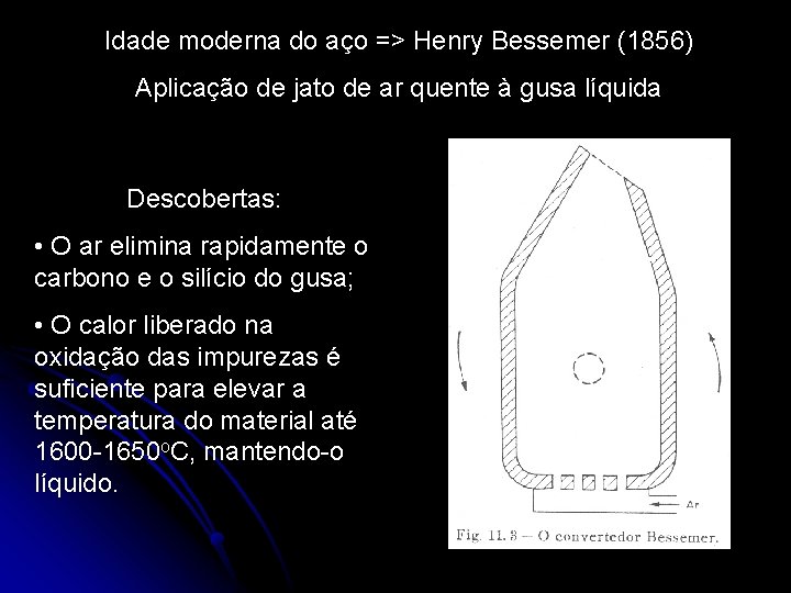 Idade moderna do aço => Henry Bessemer (1856) Aplicação de jato de ar quente