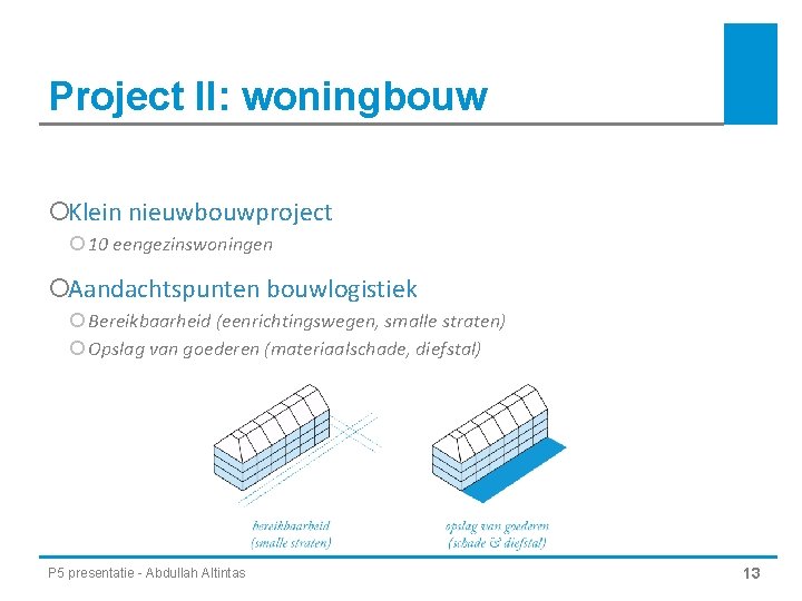 Project II: woningbouw ¡Klein nieuwbouwproject ¡ 10 eengezinswoningen ¡Aandachtspunten bouwlogistiek ¡ Bereikbaarheid (eenrichtingswegen, smalle