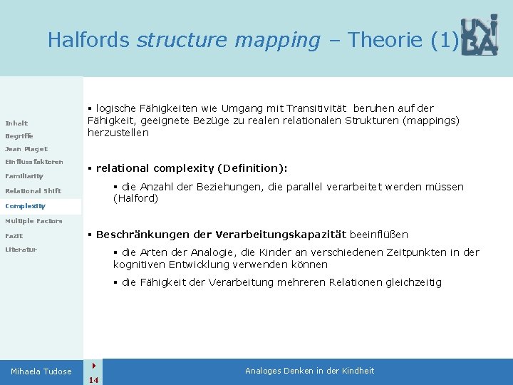 Halfords structure mapping – Theorie (1) Inhalt Begriffe § logische Fähigkeiten wie Umgang mit