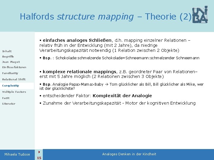 Halfords structure mapping – Theorie (2) Inhalt Begriffe Jean Piaget § einfaches analoges Schließen,