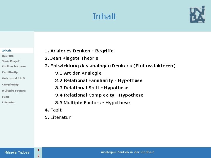 Inhalt 1. Analoges Denken - Begriffe Inhalt Begriffe 2. Jean Piagets Theorie Jean Piaget