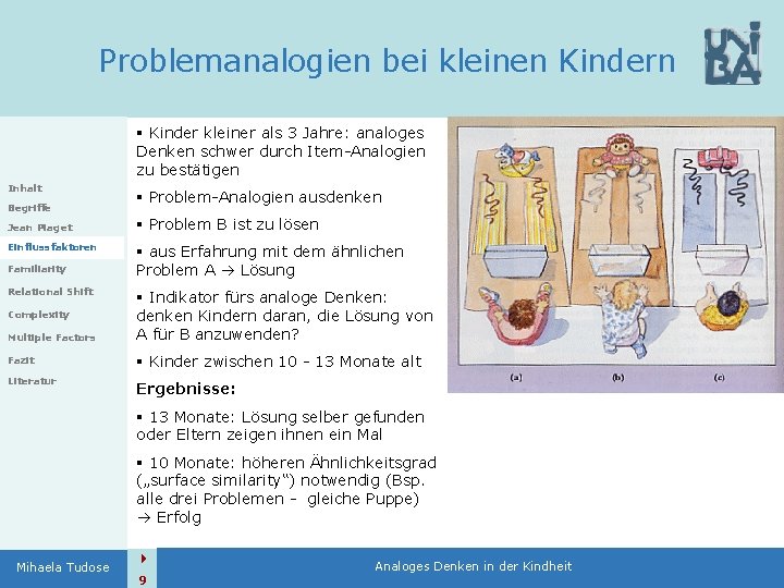 Problemanalogien bei kleinen Kindern § Kinder kleiner als 3 Jahre: analoges Denken schwer durch