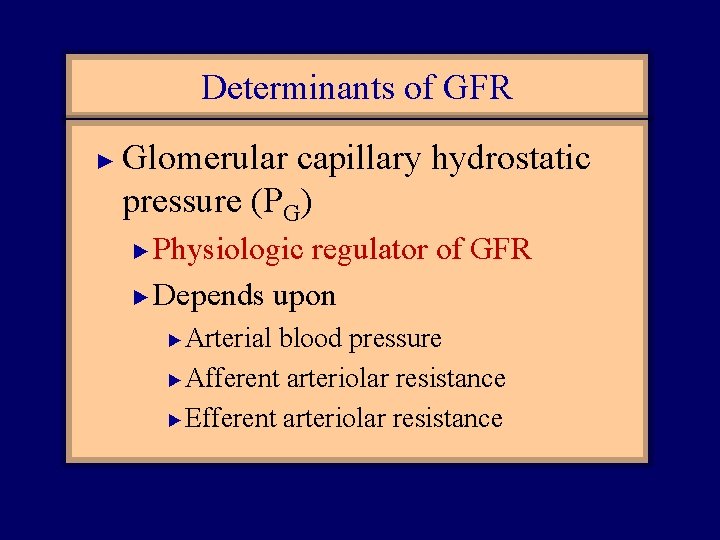 Determinants of GFR ► Glomerular capillary hydrostatic pressure (PG) Physiologic regulator of GFR ►