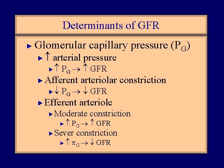 Determinants of GFR ► Glomerular capillary pressure (PG) ► arterial pressure ► ► Afferent