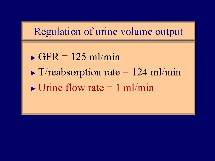 Regulation of urine volume output GFR = 125 ml/min ► T/reabsorption rate = 124