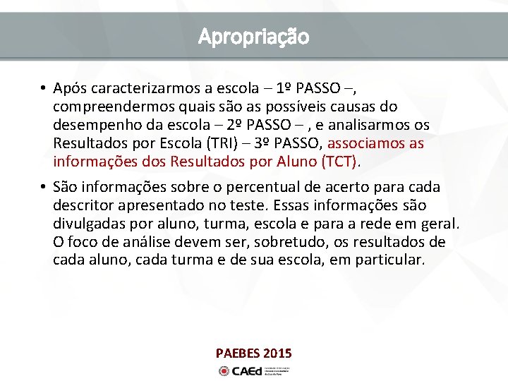 Apropriação • Após caracterizarmos a escola – 1º PASSO –, compreendermos quais são as