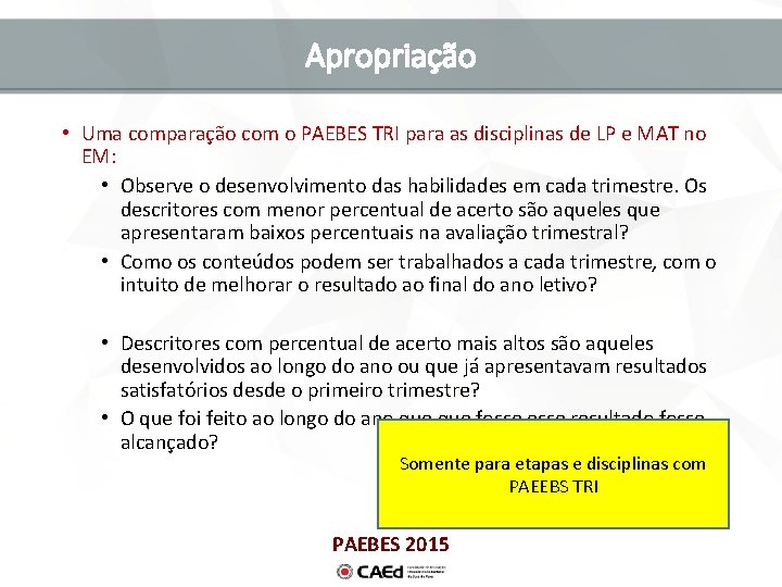 Apropriação • Uma comparação com o PAEBES TRI para as disciplinas de LP e