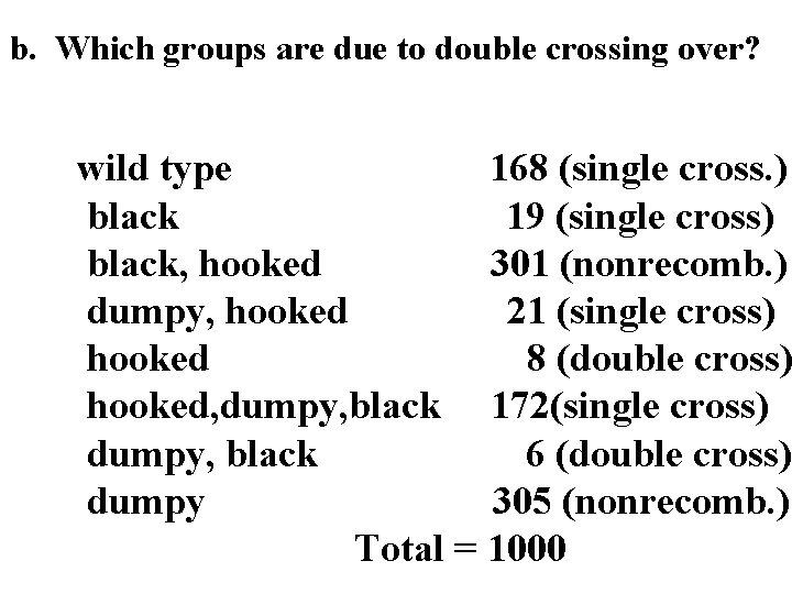 b. Which groups are due to double crossing over? wild type 168 (single cross.