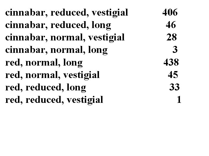 cinnabar, reduced, vestigial cinnabar, reduced, long cinnabar, normal, vestigial cinnabar, normal, long red, normal,