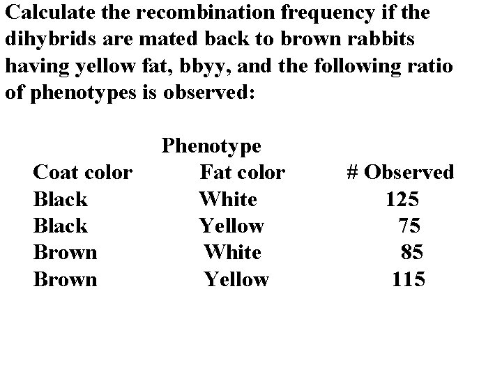 Calculate the recombination frequency if the dihybrids are mated back to brown rabbits having