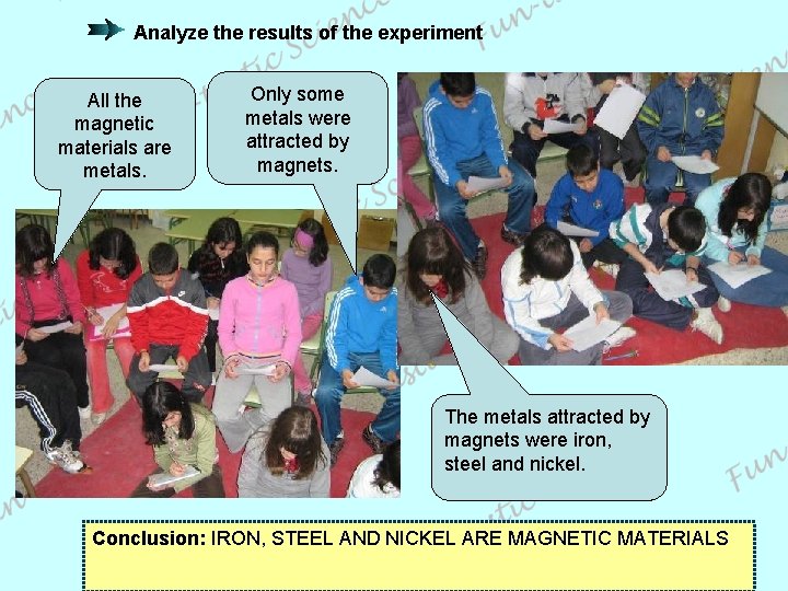Analyze the results of the experiment All the magnetic materials are metals. Only some