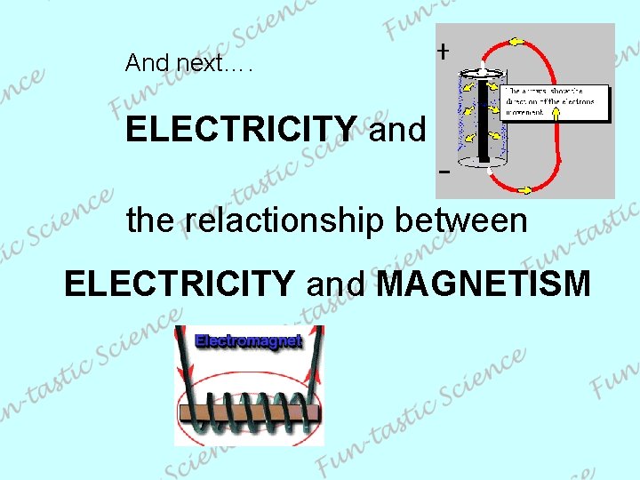 And next…. ELECTRICITY and the relactionship between ELECTRICITY and MAGNETISM 