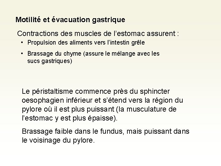 Motilité et évacuation gastrique Contractions des muscles de l’estomac assurent : • Propulsion des