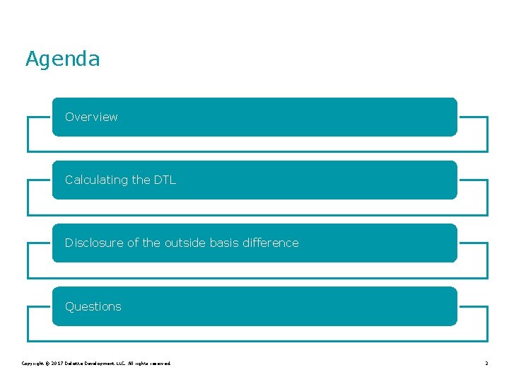 Agenda Overview Calculating the DTL Disclosure of the outside basis difference Questions Copyright ©
