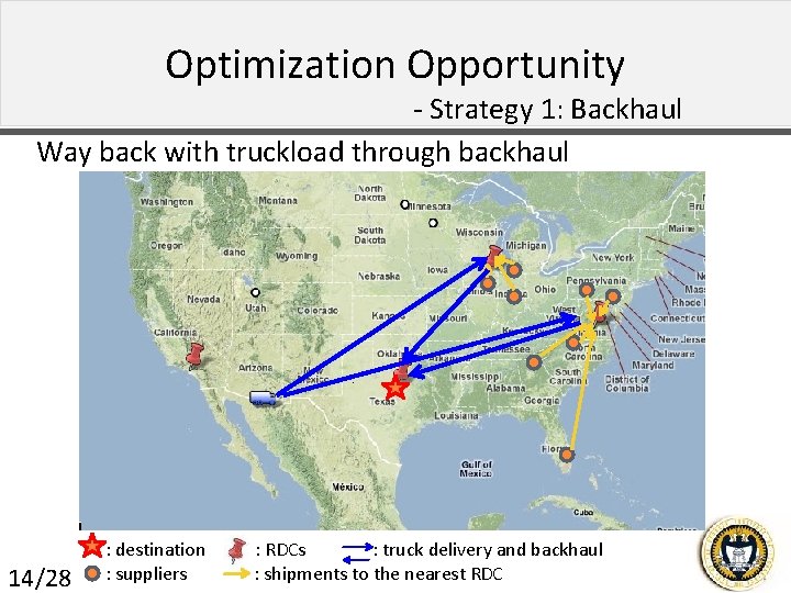 Optimization Opportunity - Strategy 1: Backhaul Way back with truckload through backhaul 14/28 :