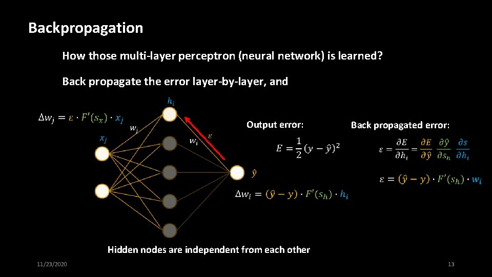 Backpropagation How those multi-layer perceptron (neural network) is learned? Back propagate the error layer-by-layer,