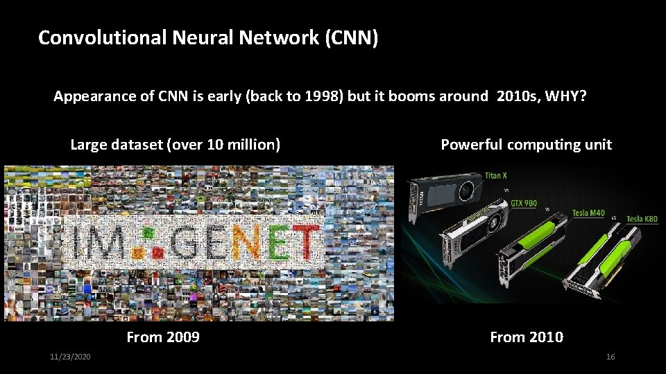 Convolutional Neural Network (CNN) Appearance of CNN is early (back to 1998) but it