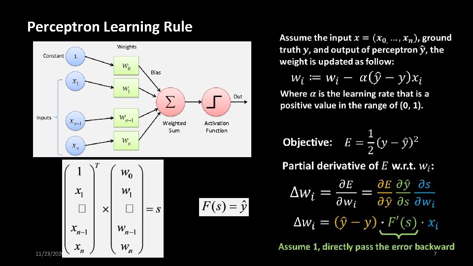 Perceptron Learning Rule Bias Weighted Sum Activation Function Objective: 11/23/2020 Assume 1, directly pass