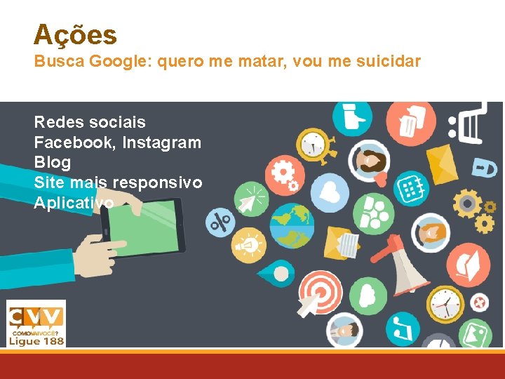 Ações Busca Google: quero me matar, vou me suicidar Redes sociais Facebook, Instagram Blog