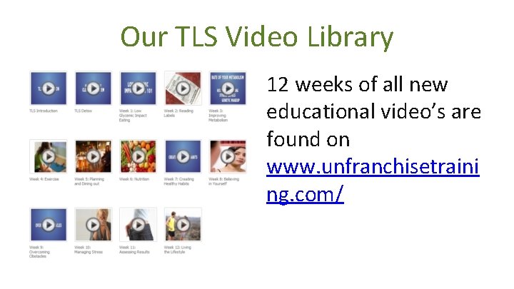 Our TLS Video Library 12 weeks of all new educational video’s are found on