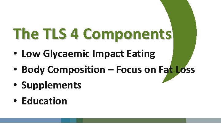 The TLS 4 Components • • Low Glycaemic Impact Eating Body Composition – Focus