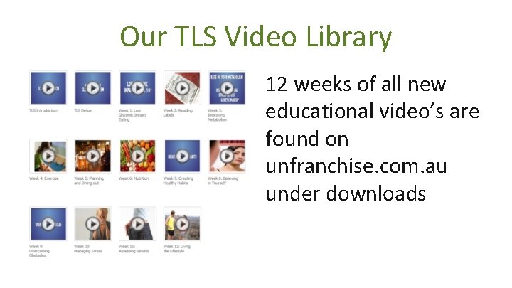 Our TLS Video Library 12 weeks of all new educational video’s are found on