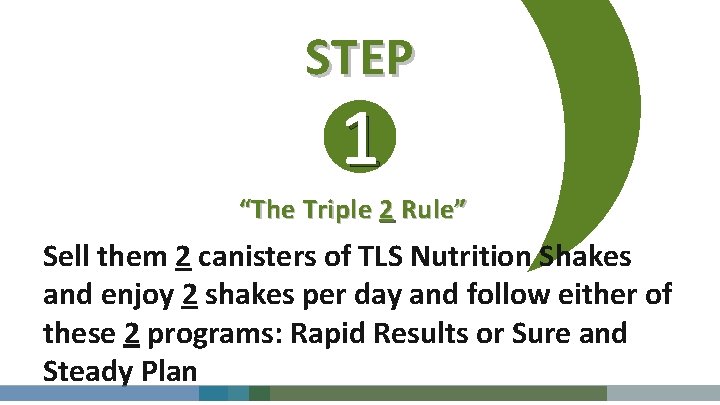 STEP 1 “The Triple 2 Rule” Sell them 2 canisters of TLS Nutrition Shakes