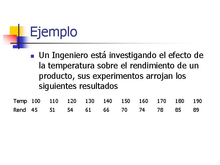 Ejemplo n Un Ingeniero está investigando el efecto de la temperatura sobre el rendimiento