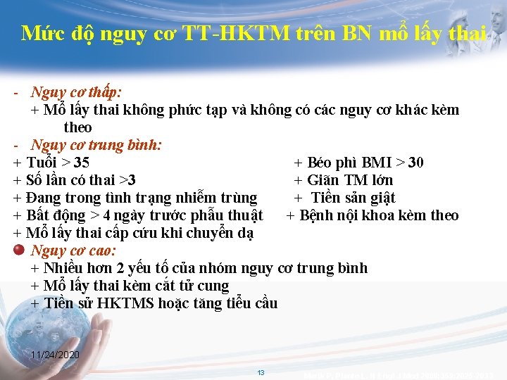 Mức độ nguy cơ TT-HKTM trên BN mổ lấy thai - Nguy cơ thấp: