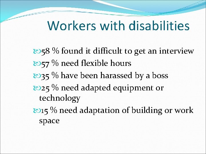 Workers with disabilities 58 % found it difficult to get an interview 57 %