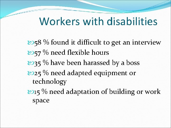 Workers with disabilities 58 % found it difficult to get an interview 57 %