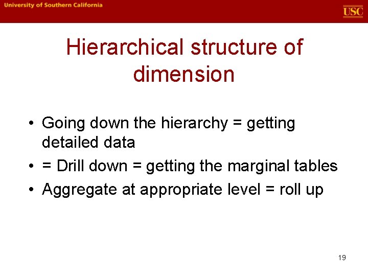 Hierarchical structure of dimension • Going down the hierarchy = getting detailed data • Hierarchical structure of dimension • Going down the hierarchy = getting detailed data •