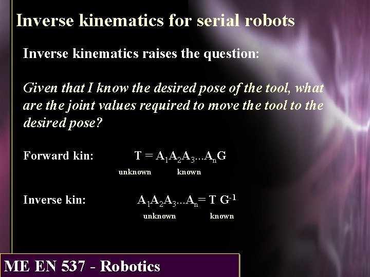 Inverse kinematics for serial robots Inverse kinematics raises the question: Given that I know