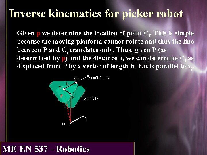 Inverse kinematics for picker robot Given p we determine the location of point Ci.