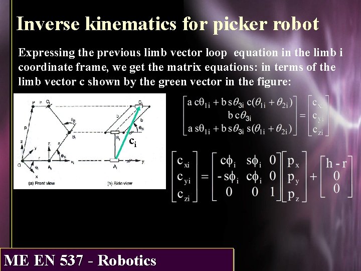 Inverse kinematics for picker robot Expressing the previous limb vector loop equation in the