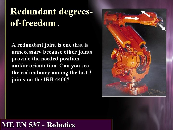 Redundant degreesof-freedom. A redundant joint is one that is unnecessary because other joints provide