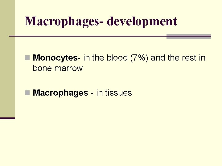 Macrophages- development n Monocytes- in the blood (7%) and the rest in bone marrow