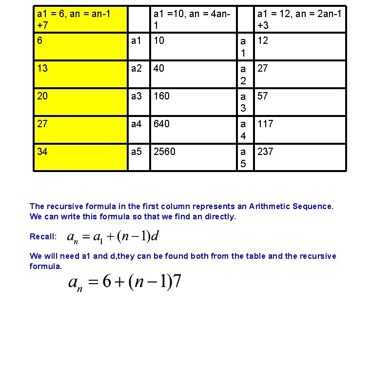 a 1 = 6, an = an-1 +7 a 1 =10, an = 4