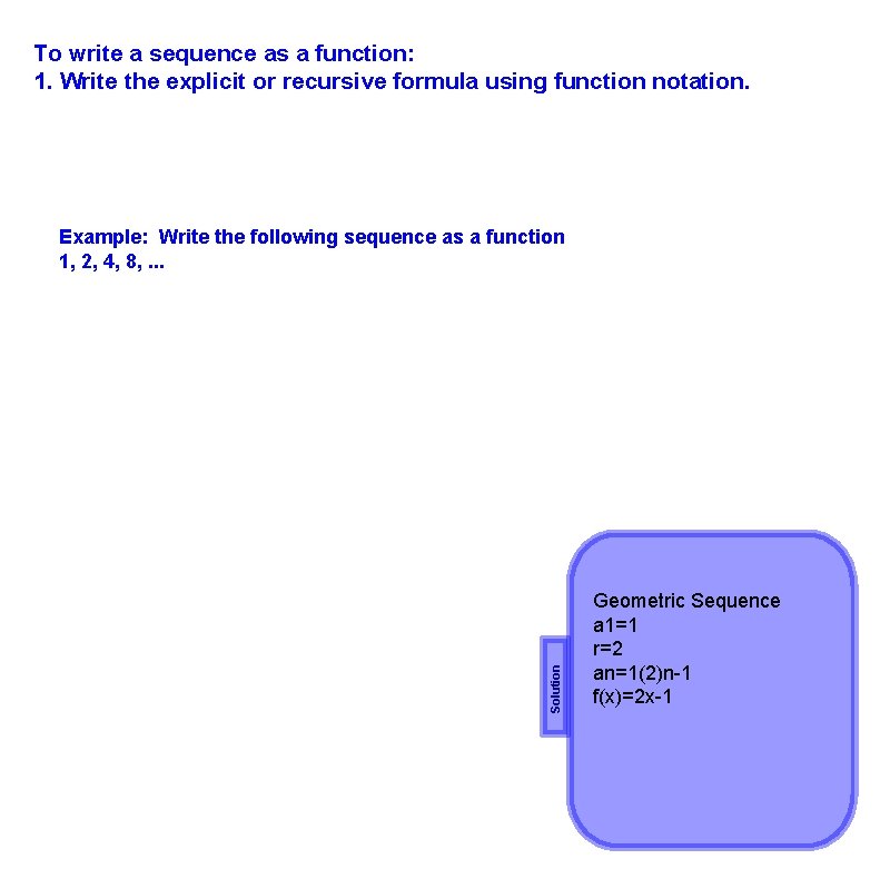 To write a sequence as a function: 1. Write the explicit or recursive formula