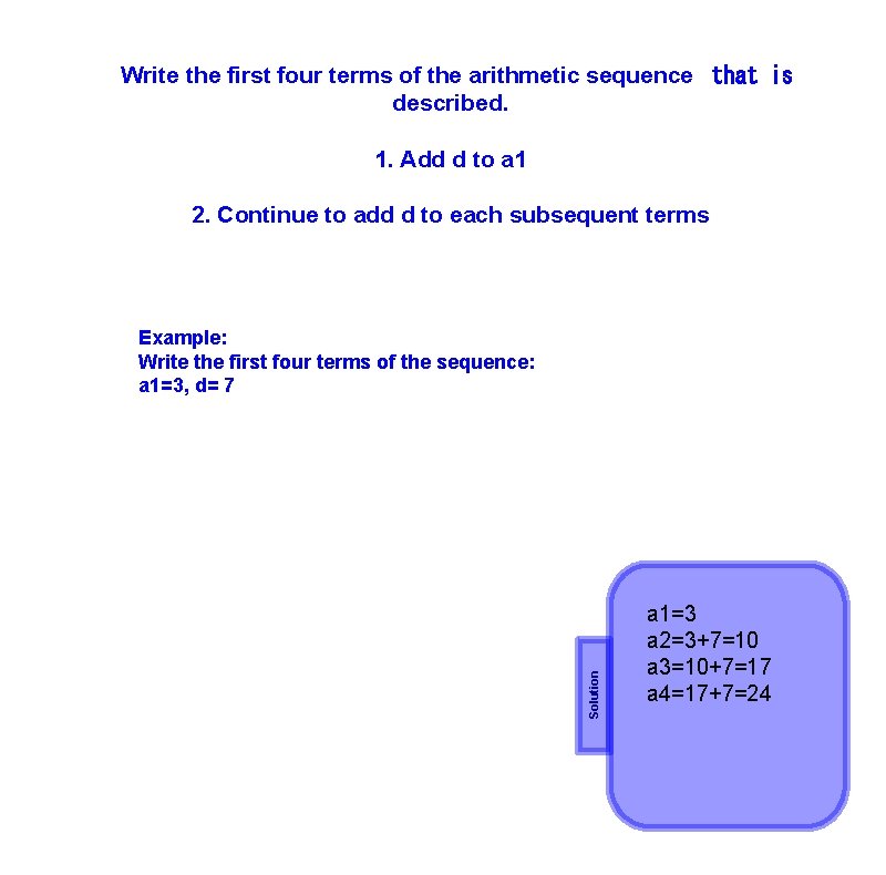 Write the first four terms of the arithmetic sequence  that is described. 1. Add
