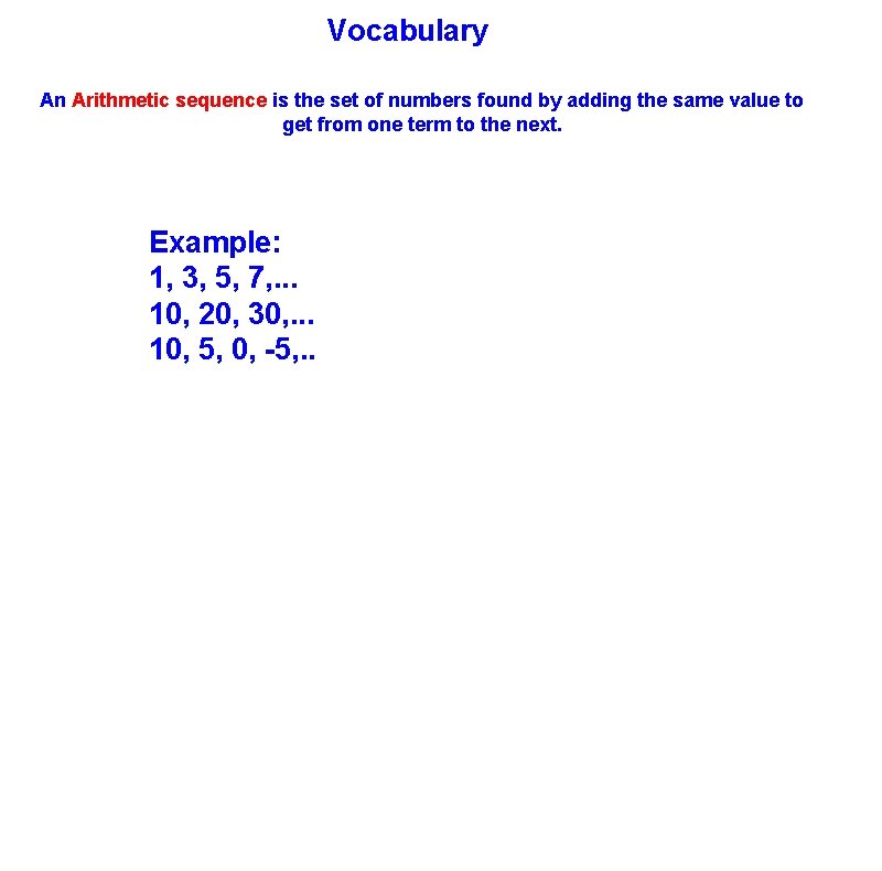 Vocabulary An Arithmetic sequence is the set of numbers found by adding the same