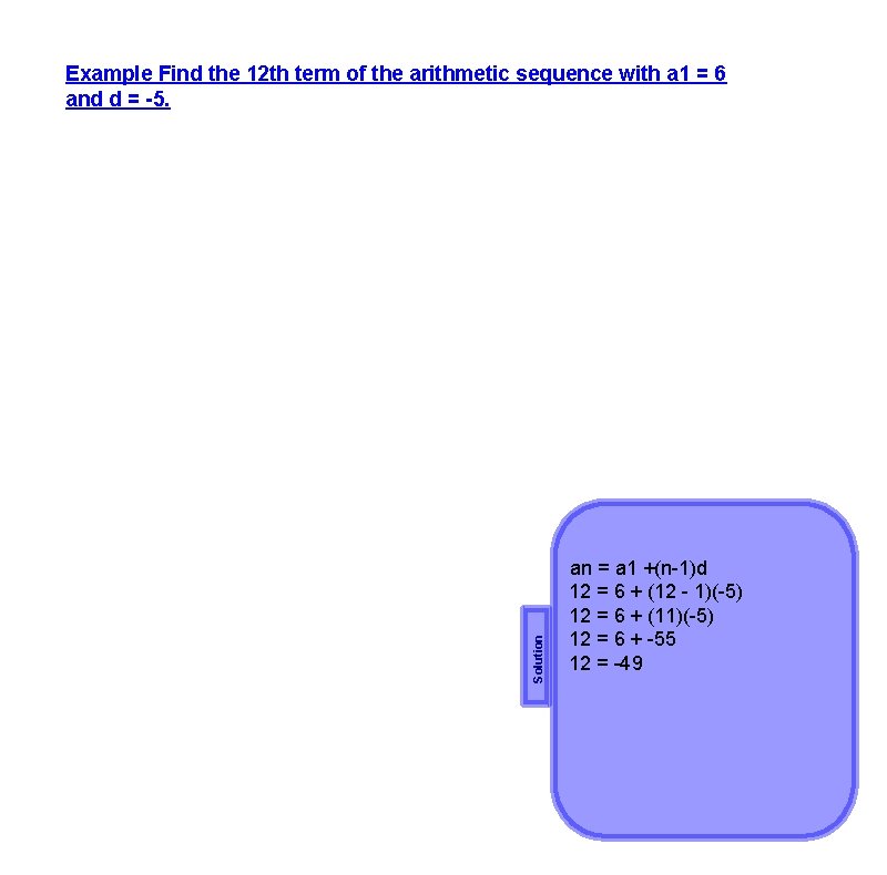 Solution Example Find the 12 th term of the arithmetic sequence with a 1