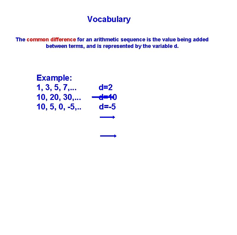 Vocabulary The common difference for an arithmetic sequence is the value being added between