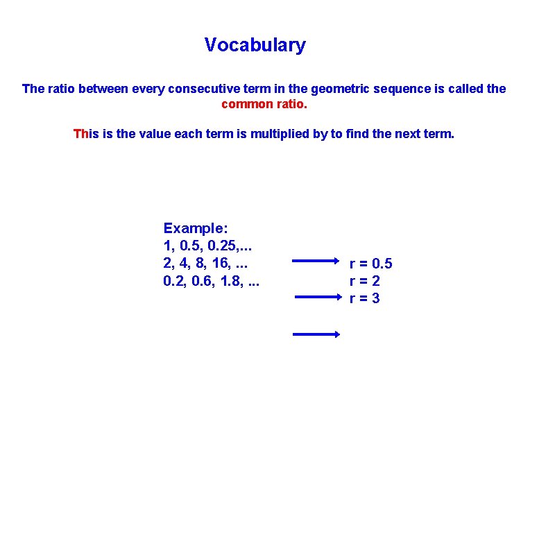 Vocabulary The ratio between every consecutive term in the geometric sequence is called the