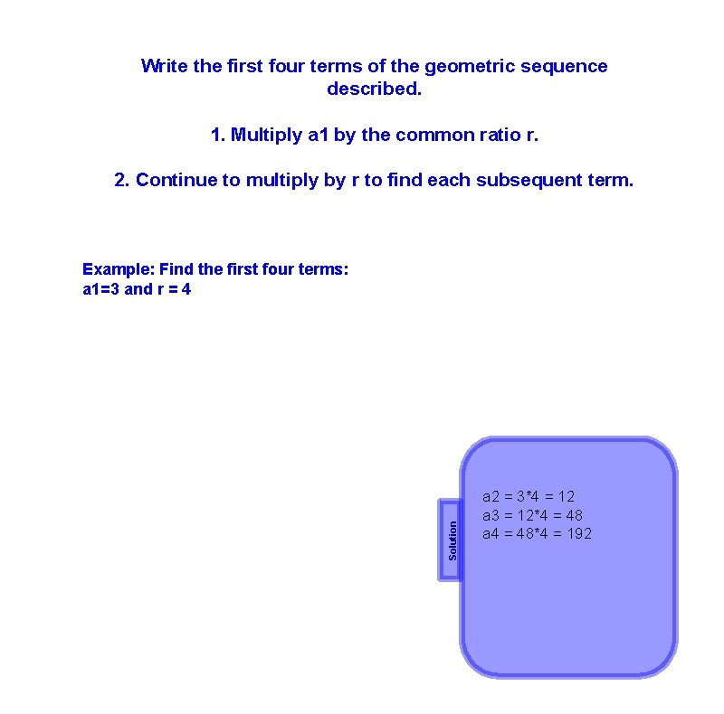 Write the first four terms of the geometric sequence described. 1. Multiply a 1